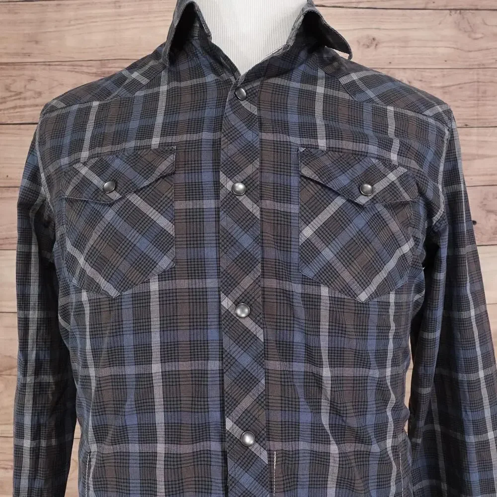 Banana Republic Shirt Mens Medium Blue Gray Plaid Western Pearl Snap Long Sleeve